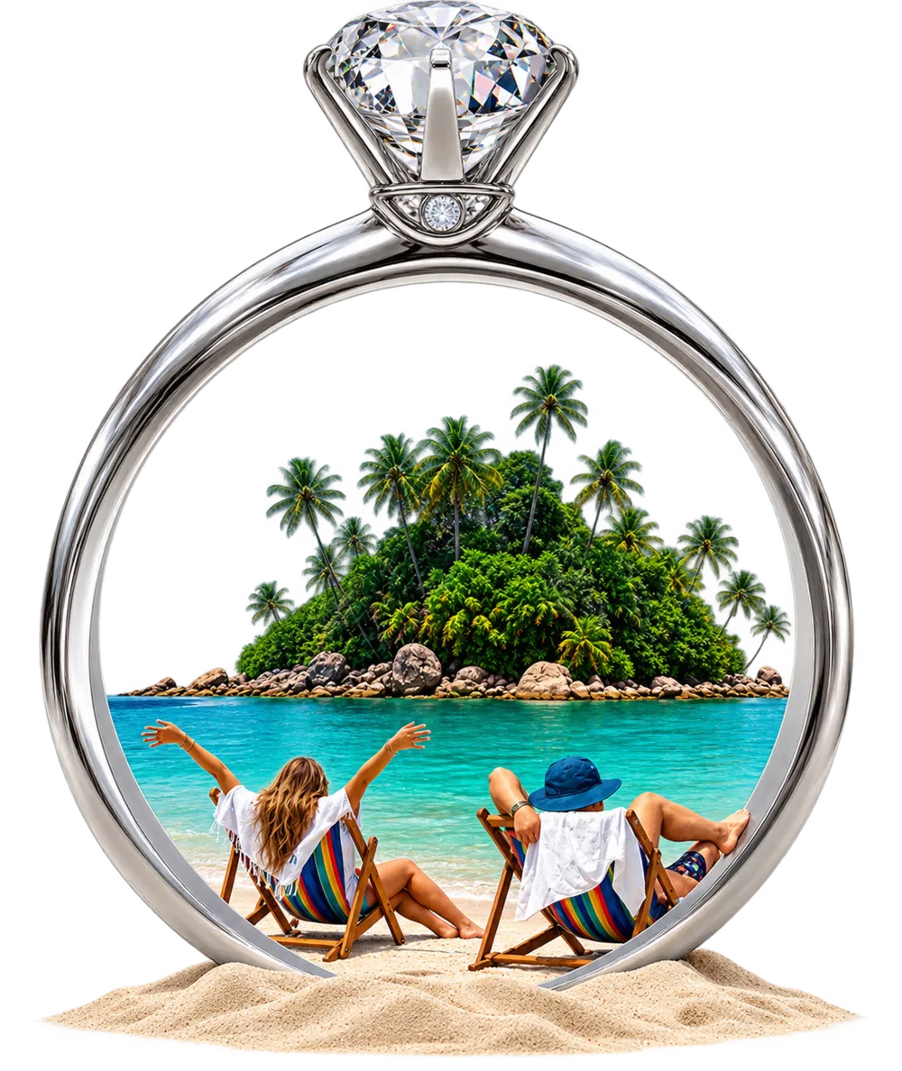Anillo de compromiso que enmarca una isla tropical con una pareja en reposeras